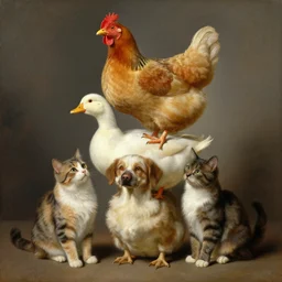 chicken, duck dog and a cat, painting by eugene de blaas , stacked characters, studio portrait