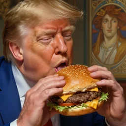 donald trump licking a cheeseburger, deep focus, fantasy, intricate, highly detailed, digital painting, artstation, concept art, matte, sharp focus, illustration, hearthstone, art by artgerm and greg rutkowski and alphonse mucha