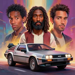 stylish caricature 3 d vfx drew struzan movie poster art of an african jesus in a delorean, art style by james jean & hsiao - ron cheng, unreal engine render, digital illustration, sharp, intricate detail, volumetric lighting, ray tracing, soft light, colourful, claymation style, ernie barnes style, symmetry, acrylic on canvas, pinterest, artstation,