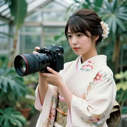 photograph of a beautiful Japanese woman wearing a pretty kimono in a tropical greenhouse, by Annie Leibowiz, by Alessio Albi, extremely detailed, large format camera, Fuji Pro 400h, bokeh, blurred background, photorealistic, trending on instagram