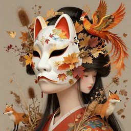 3 d goddess close - up profile portrait of young girl wearing a beautiful intricately detailed japanese autumn mask, fall leaves, thistles, phoenix, dried plants, foxes, wind, creature, artwork by tooth wu and wlop and beeple and greg rutkowski