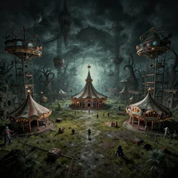abandoned carnival horror design, environment design sheet, Moebius, Greg Rutkowski, Zabrocki, Karlkka, Jayison Devadas, Phuoc Quan, trending on Artstation, 8K, ultra wide angle, zenith view, pincushion lens effect