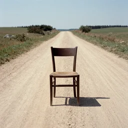 vintage color photography of a chair in the middle of a dirt road, image by werner herzog