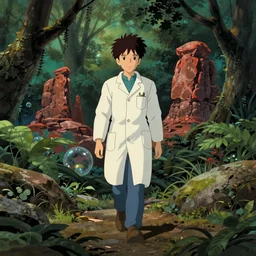 hyperrealist, studio ghibli dull colors portrait from close encounters of the third kind 1 9 7 7 of a young scientist walking in a jungle bubble monument valley stonehenge.
