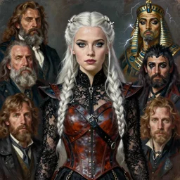 oil painted portrait of young jennifer connelly as daenerys targaryen from game of thrones, white hair in braids, leather corset and black lace, by cedric peyravernay, drew struzan, alphonse mucha, by jeremy mann, by lecouffe deharme, gothic, goth chic, soft lightning, egyptian eyeliner, punk rock, high detailed, leather, 8 k, hyperrealism, donato giancola, joseph christian leyendecker, illustration, artgerm