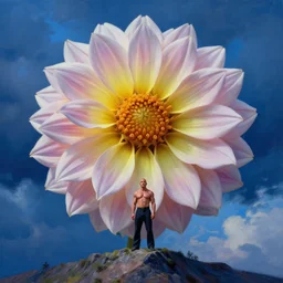 closeup giant dahlia flower as head, girl standing on mountain, body of ronnie coleman, surreal photography, blue storm clouds, dramatic light, impressionist painting, digital painting, artstation, simon stalenhag