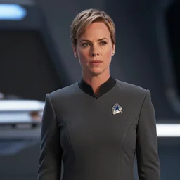Charlize Theron, in full starfleet uniform, is the captain of the starship Enterprise in the new Star Trek movie