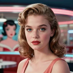 young sherilyn fenn, betty page, diner background, twin peaks, retro futurism, half portrait by stanley artgerm, dramatic lighting, ilya kuvshinov, trending on artstation, flat colour, geometric curves, gradient filter, pleasing tone colours, 5 0 s style, edward hopper