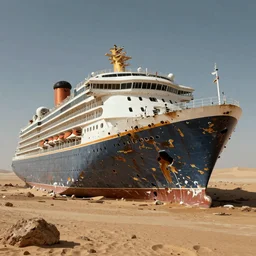 Carnival Legend cruise ship abandoned and decayed in an arid desert, apocalyptic, cinematic, high quality, unreal engine