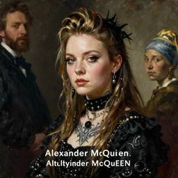 portrait of a kat dennings in a black outfit, punk, tattoos, piercings, a flemish baroque by alexander mcqueen, art by john collier by greg rutkowski and craig mullins, oil on canvas