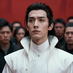portrait of a regal prince with sharp cheekbones wearing all white clothes, high collar, close up, wistful melancholic hopeful expression, super details, crowd of angry people staring at him in the background red and furious, modern digital art, matte painting, science fiction