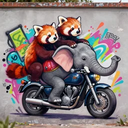 a graffiti illustration by stom 5 0 0 and etam cru, of red pandas riding an elephant motorbike