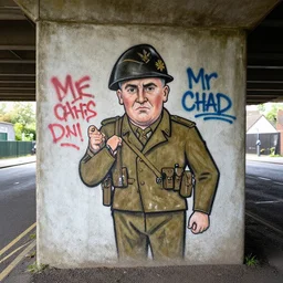 a b + w graffiti of mr chad, the uk ww 2 wartime rationing caricature, found on a road underpass in suffolk