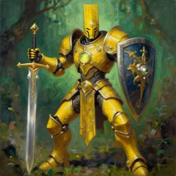 full body, attack position abstract painting in lush fantasy environment of a ornate holy mechanical warforged with circular glowing eye, character in yellow armor holding a legendary paladin engraved holy great longsword and carrying a huge heavy paladin shield, vertically flat head, face in focus, epic , trending on ArtStation, masterpiece,  cinematic lighting, by Wayne Barlowe