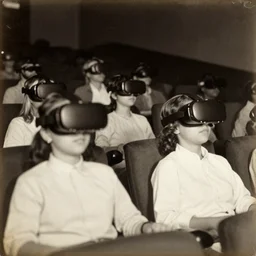 1 9 0 0 s photo of people wearing virtual reality headsets vr in a movie theater masterpiece old photograph