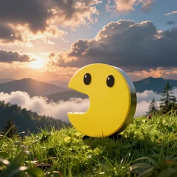 pacman in a beautiful nature landscape with clouds, mountains, in background, sunset, by rhads
