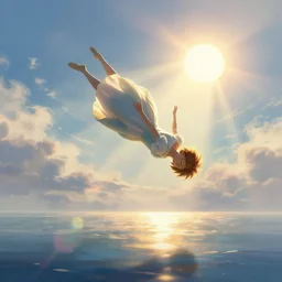 icarus falling through the sky, sun ray lens flares, peaceful reflective art piece by beatrice potter, dr seuss, dreamstime, league of legends and stuart riddell, masterpiece digital art trending on artstation.