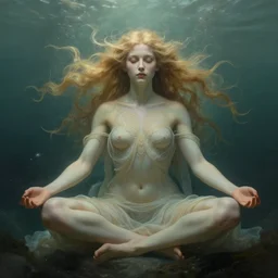 perfect feminine face meditation!! murky underwater atmosphere, wind blowing, full body portrait of young fairy goddess blessed by nature, physical mental perfection, blonde, symmetrical! intricate, sensual, highly detailed, biblical divine holy perfection!! digital painting, artstation, concept art, smooth, sharp focus, by artgerm and greg rutkowski and alphonse mucha