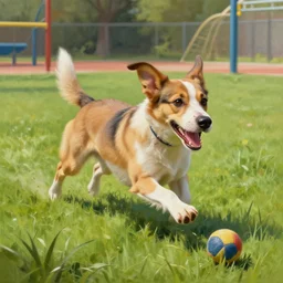 Painting of an excited dog chasing after a ball in a playground running through the grass, intricate, elegant, highly detailed, centered, digital painting, artstation, concept art, smooth, sharp focus, illustration, by (Peter Mohrbacher), WLOP
