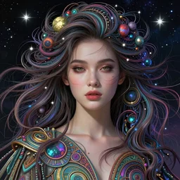 one super realistic beautiful young womans face, magical, space stars and planets in her hair, windblown, intricate, synth-wave, retrowave, colorful,  highly-detailed, elegant, dramatic lighting, gorgeous face, lifelike, photorealistic face, long luxurious intricate gown, digital painting, artstation,  illustration, concept art, smooth, sharp focus, art by John Collier, artgerm, and Albert Aublet and Krenz Cushart and Artem Demura and Alphonse Mucha