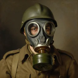 portrait painting of a American ww2 soldier with gas mask by George Stubbs, renaissance painting, oil painting, old master, Close up