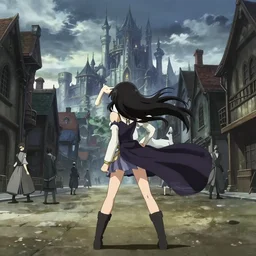 anime frames, anime visual, full body portrait of a young woman in the medieval city square looking at the fantasy palace in the distance, cute face by ilya kuvshinov, katsuhiro otomo, dynamic pose, dynamic perspective, rounded eyes, moody, psycho pass, kyoani, yoh yoshinari