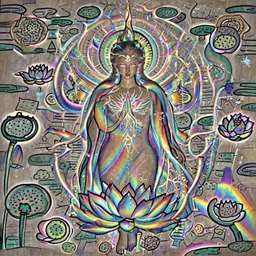[ lotus post ] el chapo inspired by luminokaya, heavenly being, blissful, singular, glowing rainbow aura, serene landscape photography