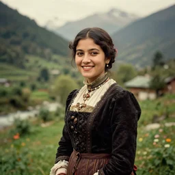 vintage portrait photo of a beautiful beautifully lit nepalese Victorian woman smiling in a lush himalayan valley by alphonse mucha and annie leibovitz