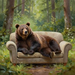 A painting of a bear lounging on a couch in the middle of the forest