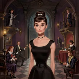 audrey hepburn, inside haunted mansion looking for a way out, various scenarios, highly detailed, digital painting, artstation, art by gaston bussiere, greg rutkowski, j. c. leyendecker