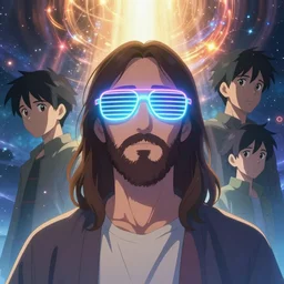 the second coming of jesus wearing neon slotted sunglasses, art by dan mumford and yusuke murata and makoto shinkai and ross tran, cosmic, heavenly, god rays, intricate detail, cinematic, 8 k, cel shaded, unreal engine, featured on artstation, pixiv
