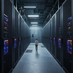 An insanely large server room, rendered by Beeple, Makoto Shinkai, syd meade, simon stålenhag, environment concept, digital art, unreal engine, WLOP, trending on artstation, low level, 4K UHD image, octane render,