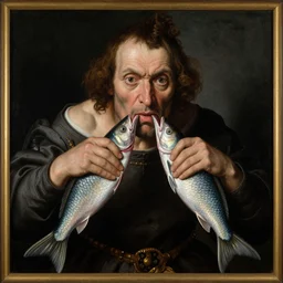 The portrait of sarcastic men with fish tails which eat their fish tails by Hieronymus Bosch and Pieter Bruegel, highly detailed oil painting, 4k, masterpiece