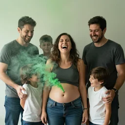 toxic green smoke coming out of my bellybutton, during a family photo, laughing