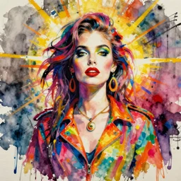 maximalist painting of a woman in acid fashion by basquiat and jackson pollock, watercolor and acrylic paint mixed media, i will haunt every planet to find you