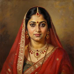 An Indian woman in a dress with jewels wearing a bindi, oil painting, portrait