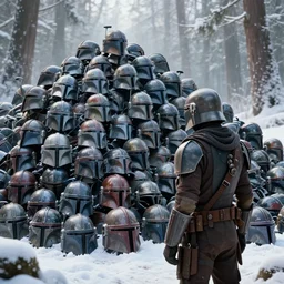 in a snowy forest, a mandalorian is looking at a huge pile of mandalorian helmets, concept art highly detailed, great cinematic lighting, octane render, 8 k, depth of field, 3 d, art by greg rutkowski, trending on artstation, cinematographic shot