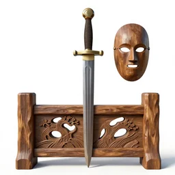 carved wooden fencing sword and mask, photorealistic, isolated on a pure white background, centered, entire object in frame, sharp focus, soft studio lighting