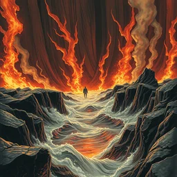 a man drowning in the deepest pits of hell by kentaro miura, stunning artwork, wide shot angle