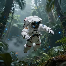 wide angle single shot of flying body of space astronaut in weightlessness inside tropical jungle with palm leaves, small foggy and gloomy, blue lights, bokeh background, highly detailed science fiction illustration by jeremy geddes. photorealistic, octane render, hyper detailed, 8 k, movie still, artstation, unreal engine