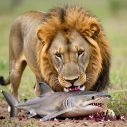 a lion eating a shark