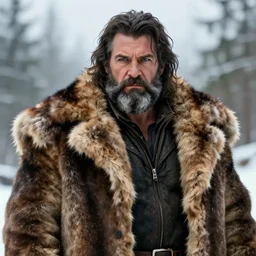 a middle - aged fantasy burly lumberjack with a beard, dark hair, wearing a fur coat