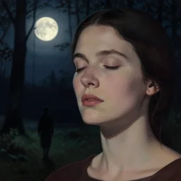 beautiful woman with her eyes closed, close - up face, walking in the forest at night. full moon. folk horror. man ray