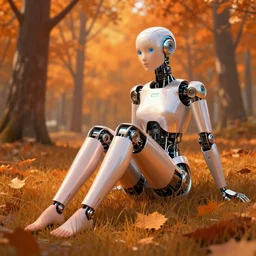 a stunninfly beautiful female robot sitting in an orange forest in autumn, grass, leaves, reflective skin, bare feet in grass, digital, shaded, digital art, low angle