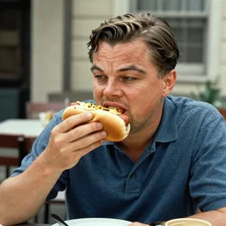 Leonardo DiCaprio eating a hot dog. Old footage, 1960's