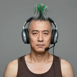 portrait of a man with gray and green mohawk wearing a gray headset and brown tank top, gray and green mohawk, gray headset, brown tank top. art by martin ansin, martin ansin artwork. portrait.