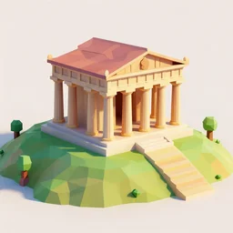 ancient low poly render of greek temple on a hill, diorama, low poly, game concept, colorful, multicolored