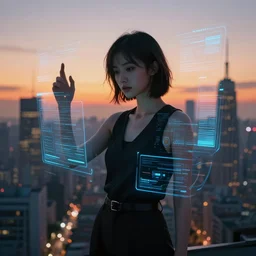 a woman becoming digital data, in the background a big city, at sunset, cyberpunk style