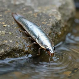 Close shot of a silverfish drinking water from a river