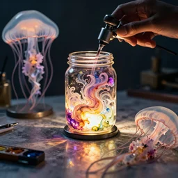 airbrush of glowing jar of swirling ink shimmering on a desk near jellyfish, dramatic afternoon lighting, intense watercolor, heavy metal, by moebius
